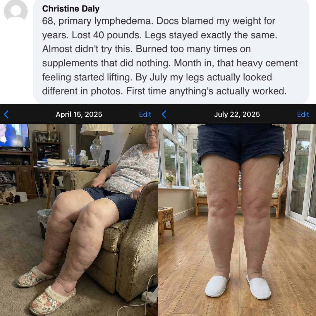 Before and after photos of a woman's legs showing a significant reduction in swelling over three months.