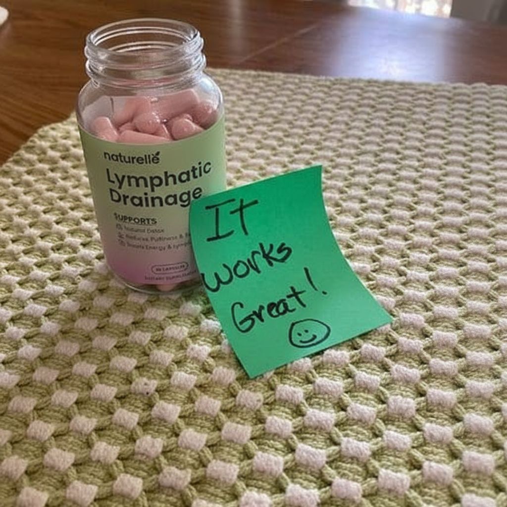 A bottle of Naturelle Lymphatic Drainage supplements next to a green sticky note saying 'It Works Great!'.