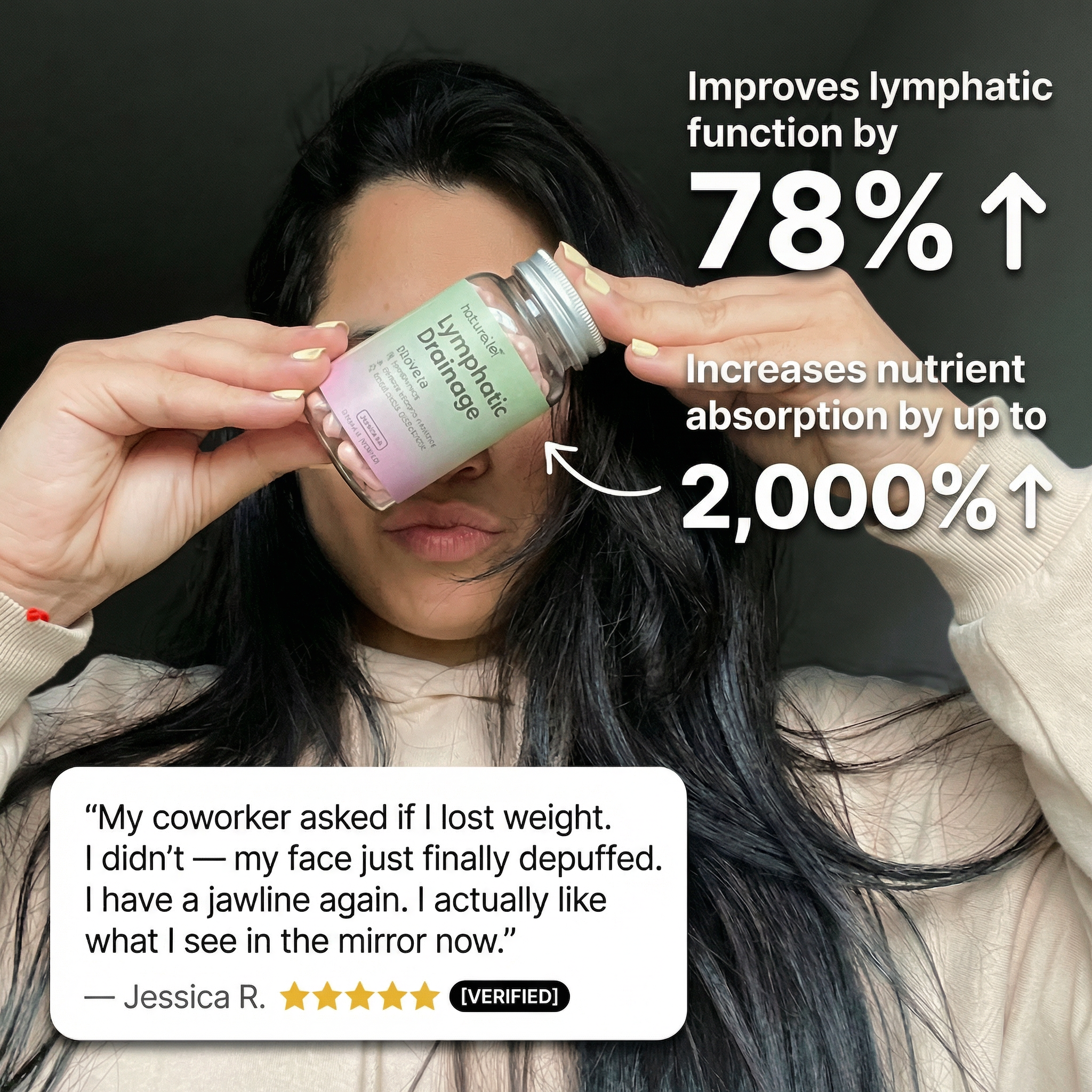 A woman holds a bottle of Lymphatic Drainage supplements, with an on-screen customer review and product claims.