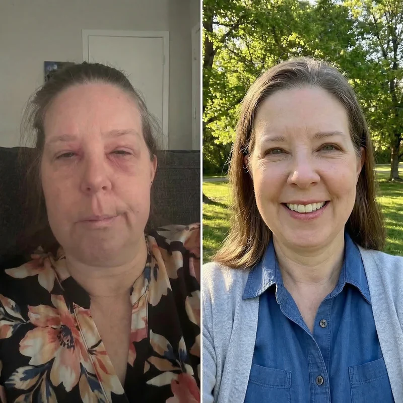 A side-by-side comparison of a woman, looking unwell on the left and smiling and healthy on the right.