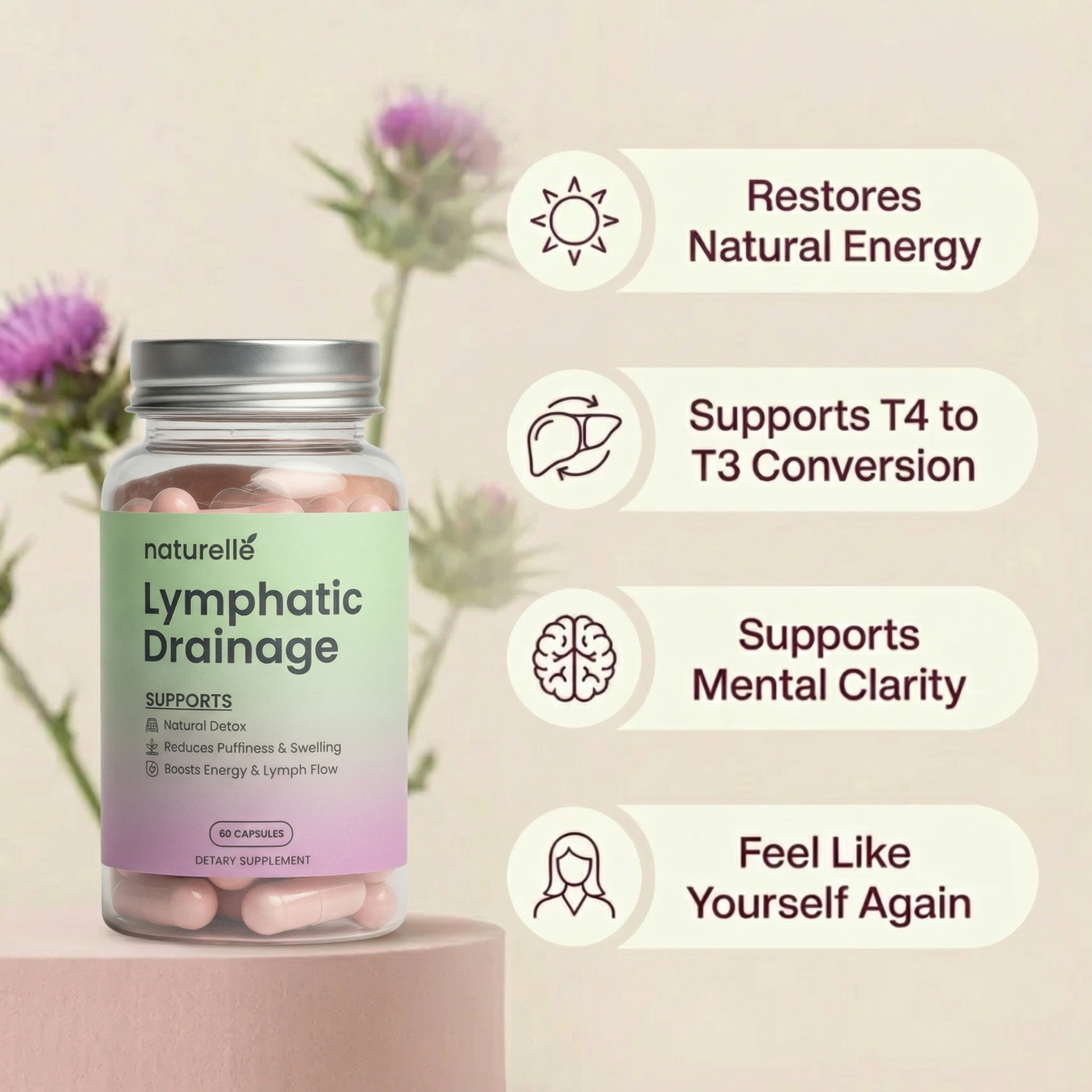 A bottle of Naturellé Lymphatic Drainage supplements next to a list of its benefits, with flowers behind it.