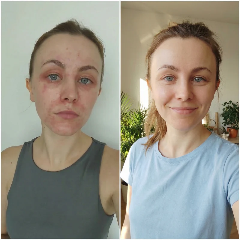 A before and after image showing a woman's facial skin improving from red and irritated to clear.