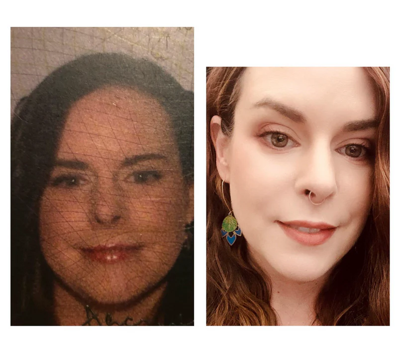 A side-by-side comparison of two photos of the same woman, one older and one more recent.