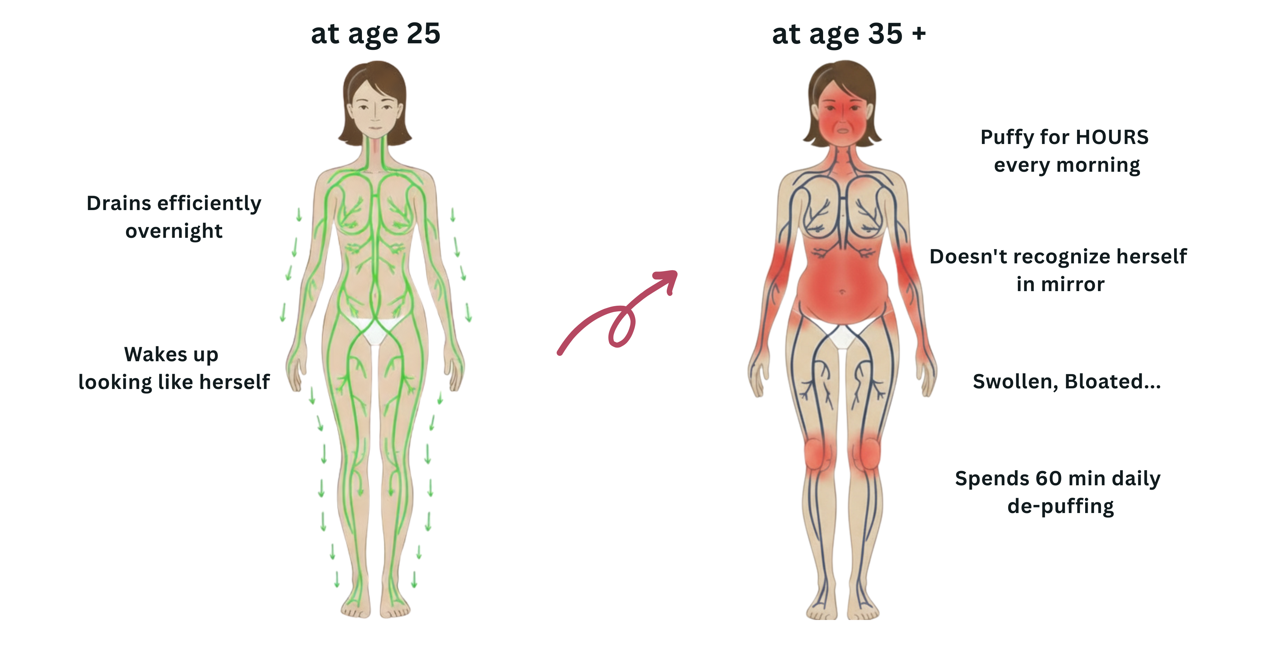 Two illustrations of a woman, one at age 25, another at 35+, showing bodily changes.