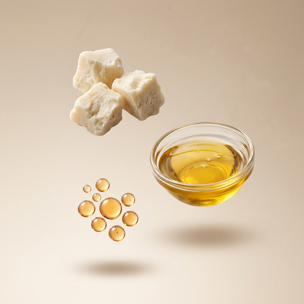 Three chunks of butter, a glass bowl of golden oil, and oil droplets floating against a tan background.