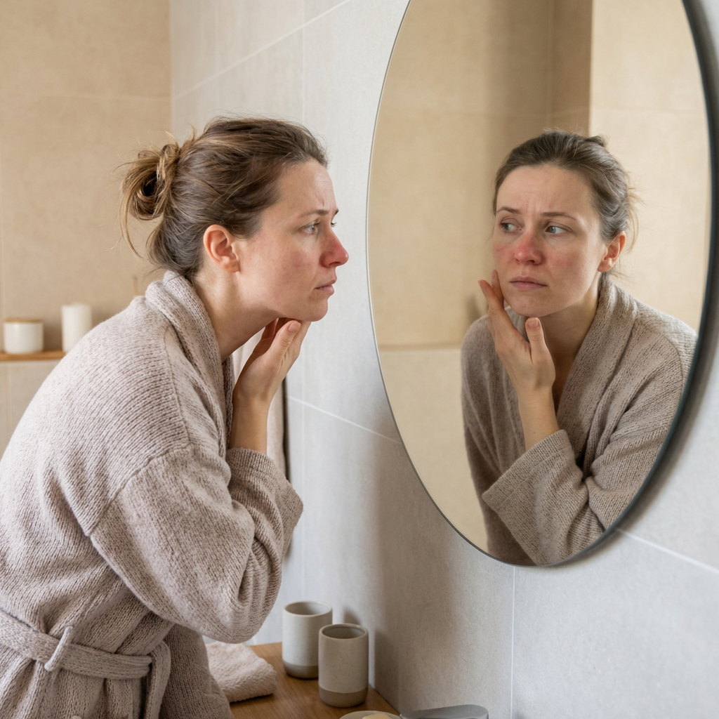 A woman in a bathrobe looks in the mirror with concern at redness on her face.