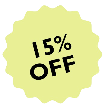 Yellow starburst shape with '15% OFF' text in black.