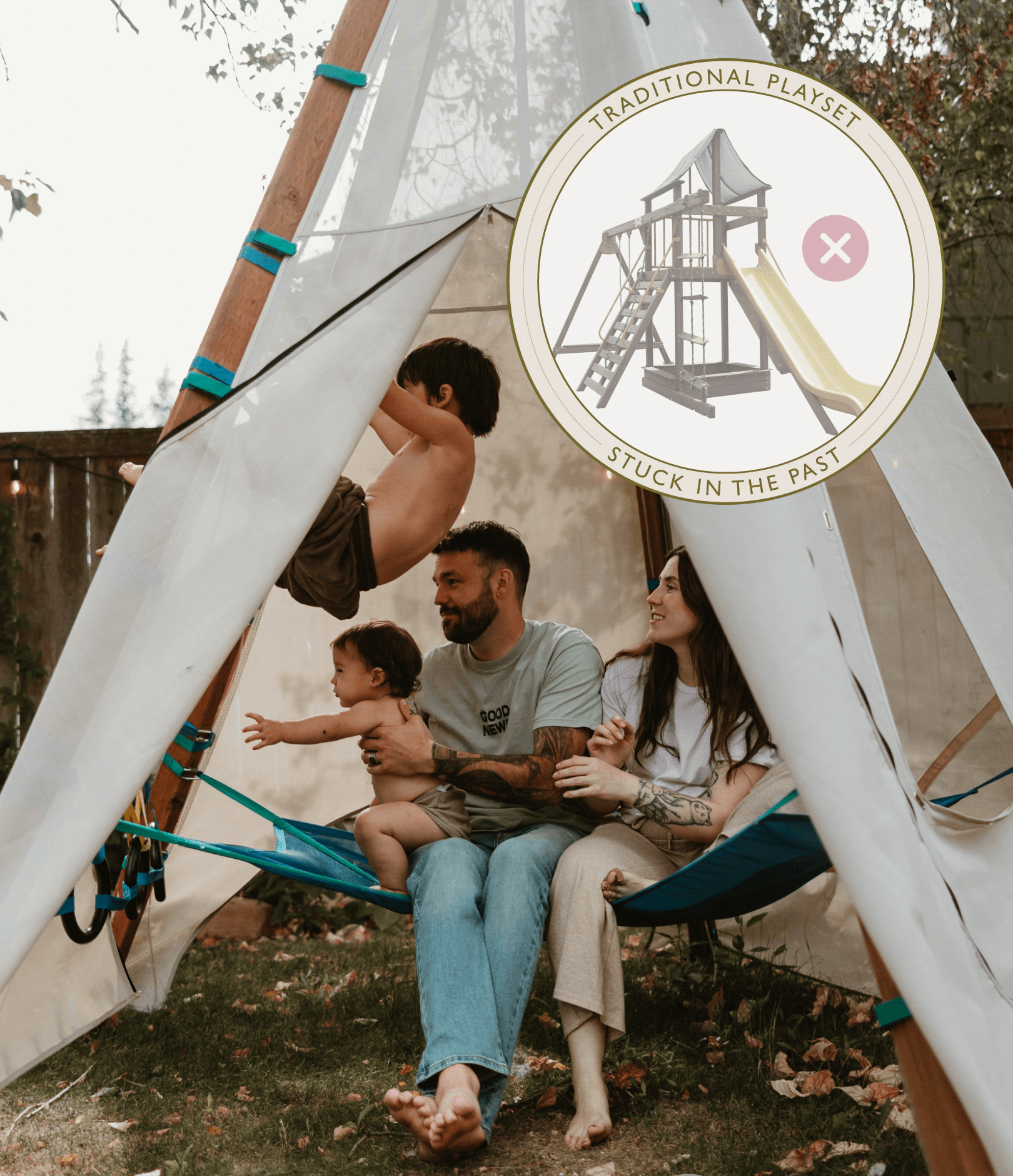 Family sitting in a tent with a child swinging, overlay of a traditional playset image.