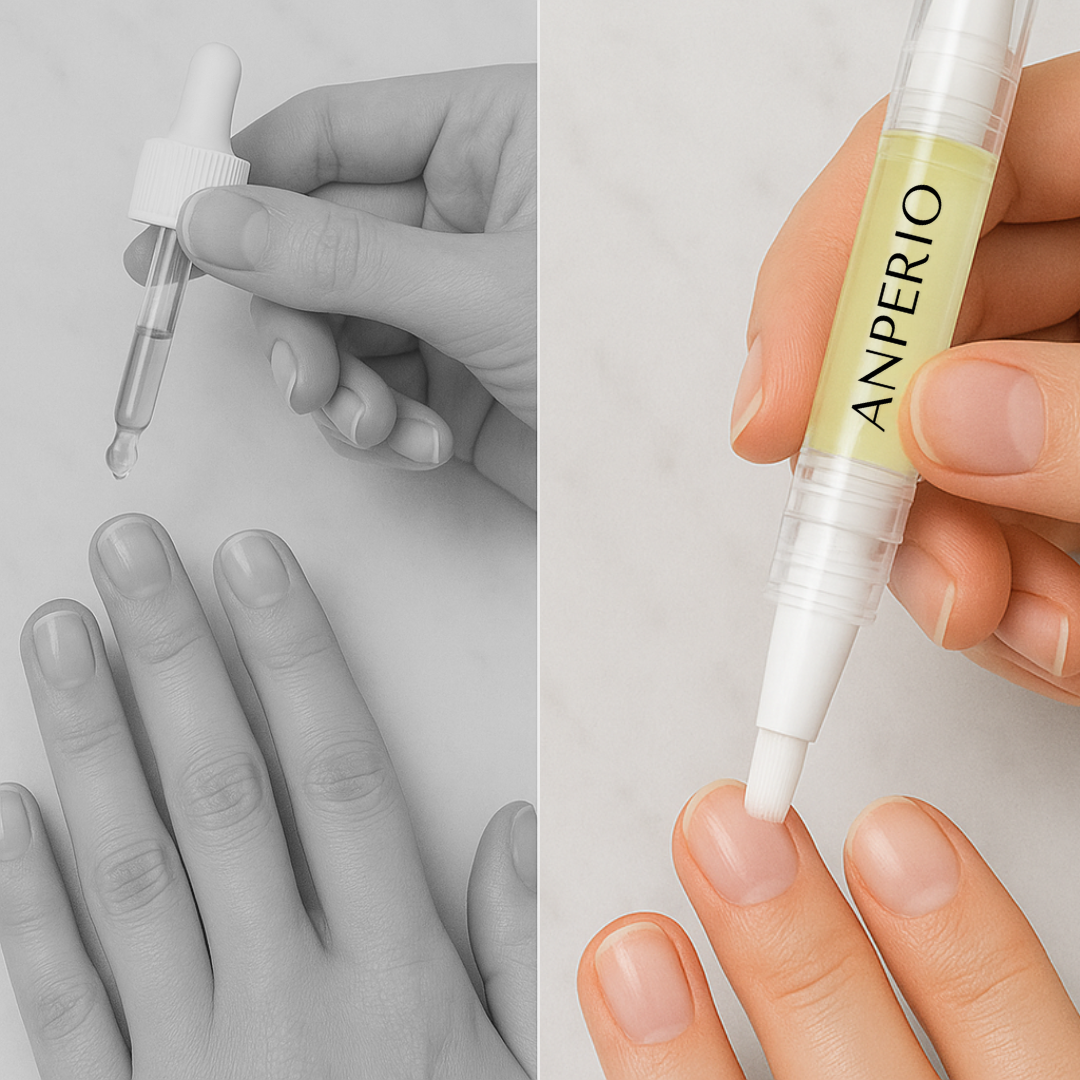 Hands applying nail care products with a dropper and pen applicator.
