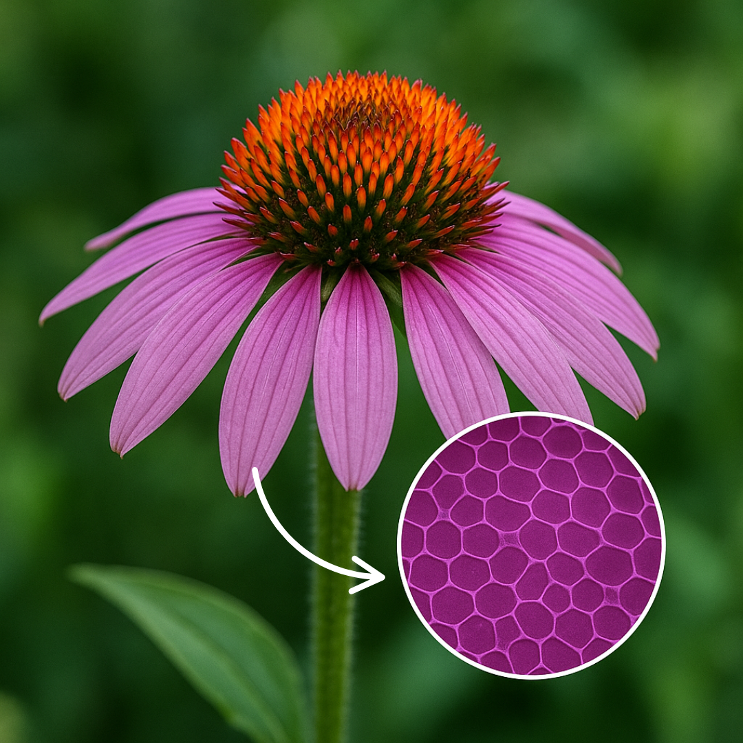 Purple coneflower with a magnified view of petal texture.
