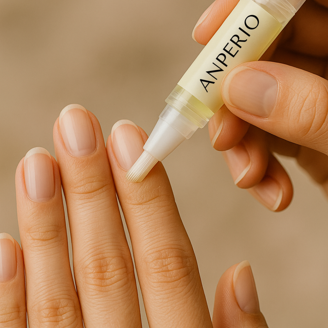 Close-up of a hand applying cuticle oil with a brush pen.