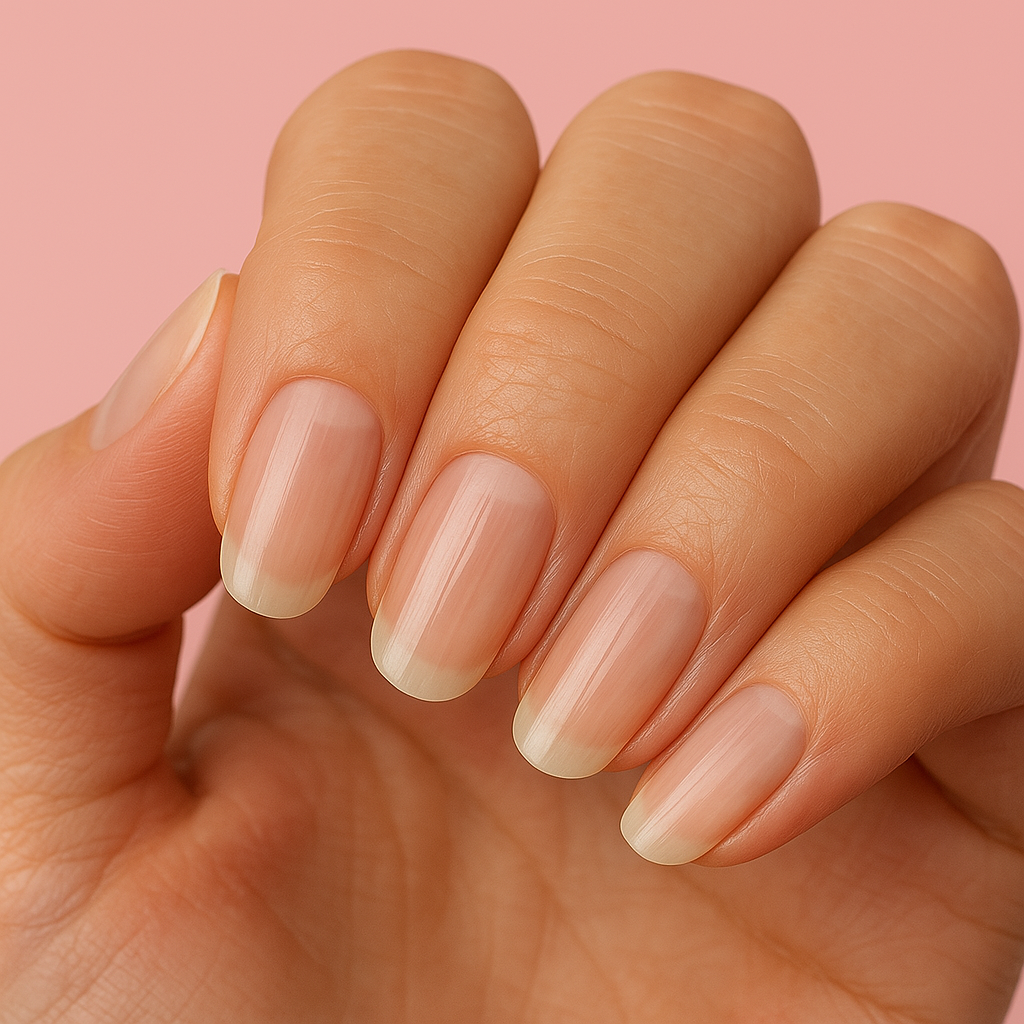 Close-up of a hand with natural, well-groomed nails against a pink background.