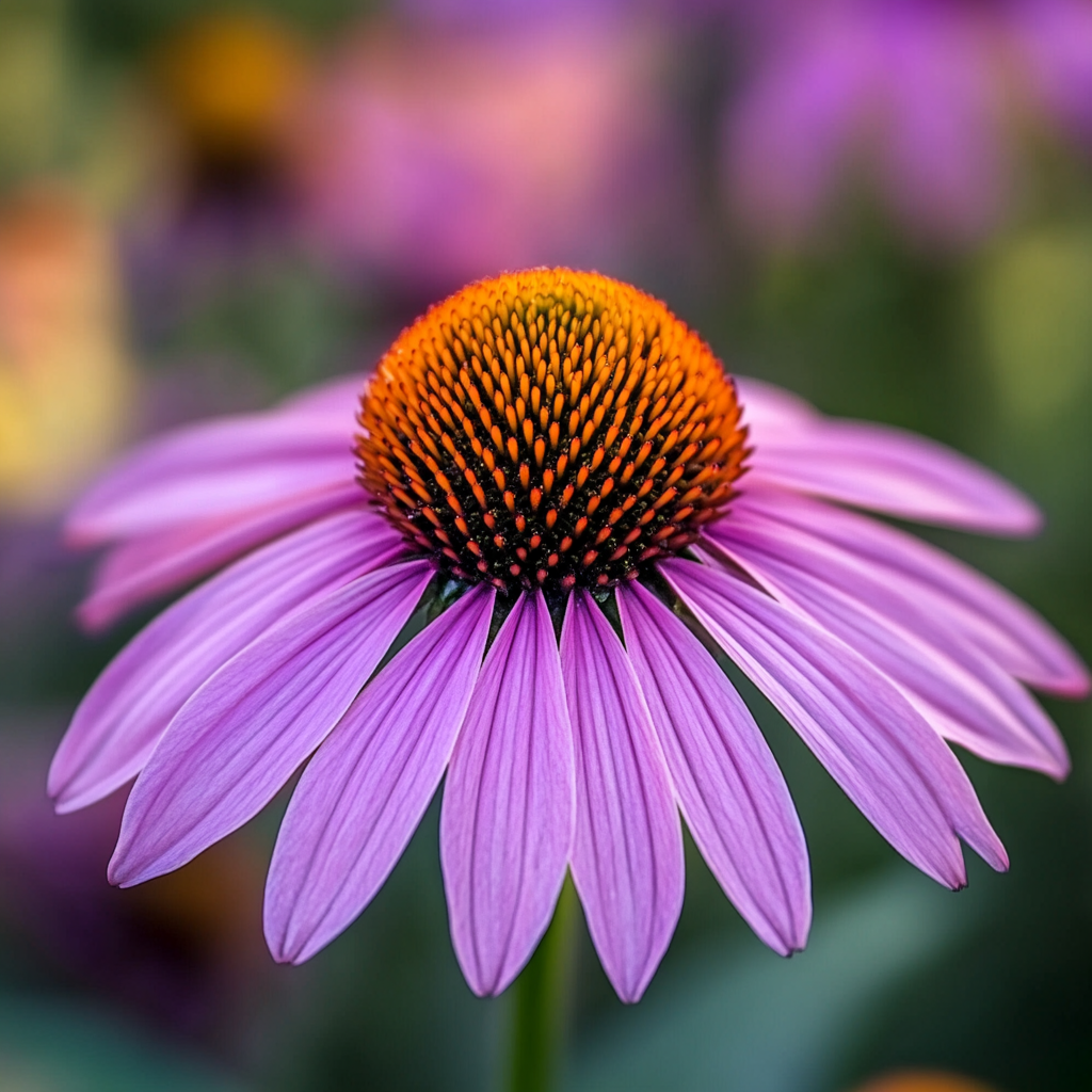 Close-up of a purple coneflower with an orange center.