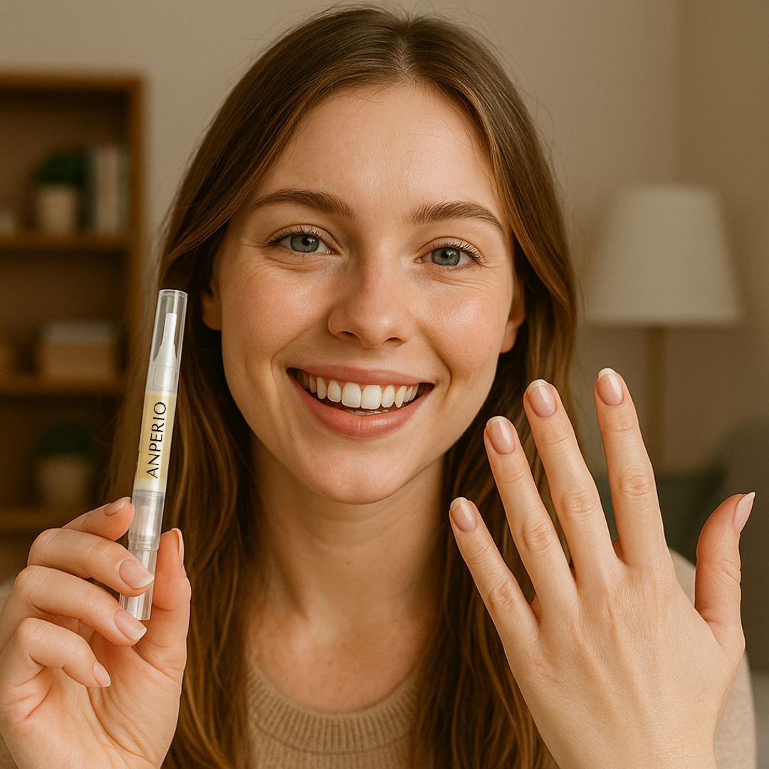 Smiling person holding a nail care product, showing their nails.