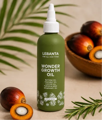 A green bottle of Lebanta Wonder Growth Oil sits on a surface with palm fruit and rosemary.