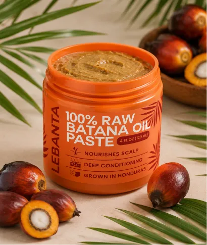 An open jar of Lebanta Raw Batana Oil Paste is surrounded by palm fruit and leaves.