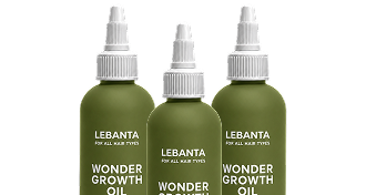 Three olive green bottles of Lebanta Wonder Growth Oil with white applicator caps on a white background.