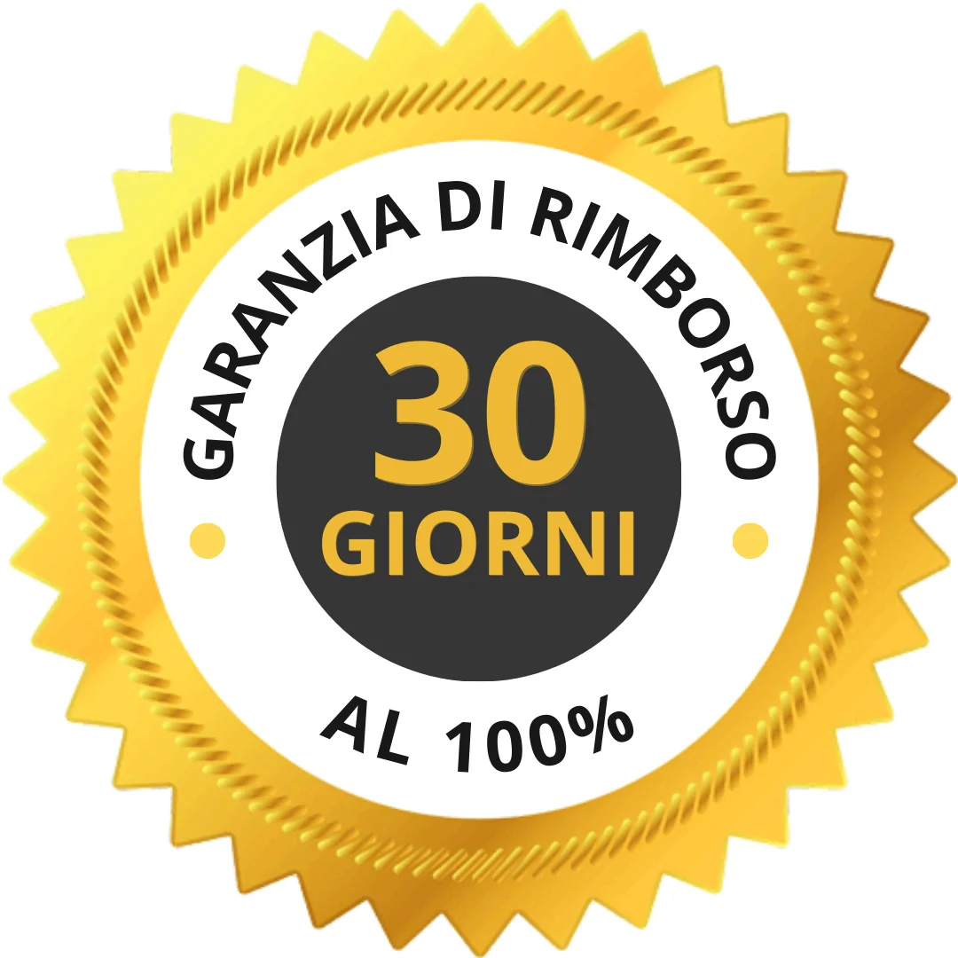 Round yellow badge with text 'Garanzia Di Rimborso 30 Giorni Al 100%'.