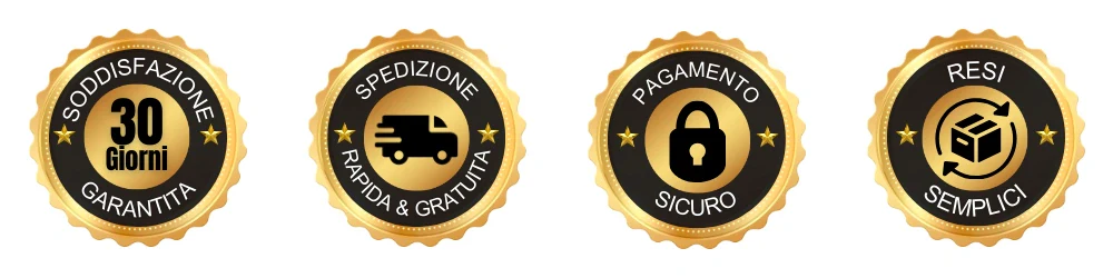Four gold and black guarantee badges with Italian text and icons.