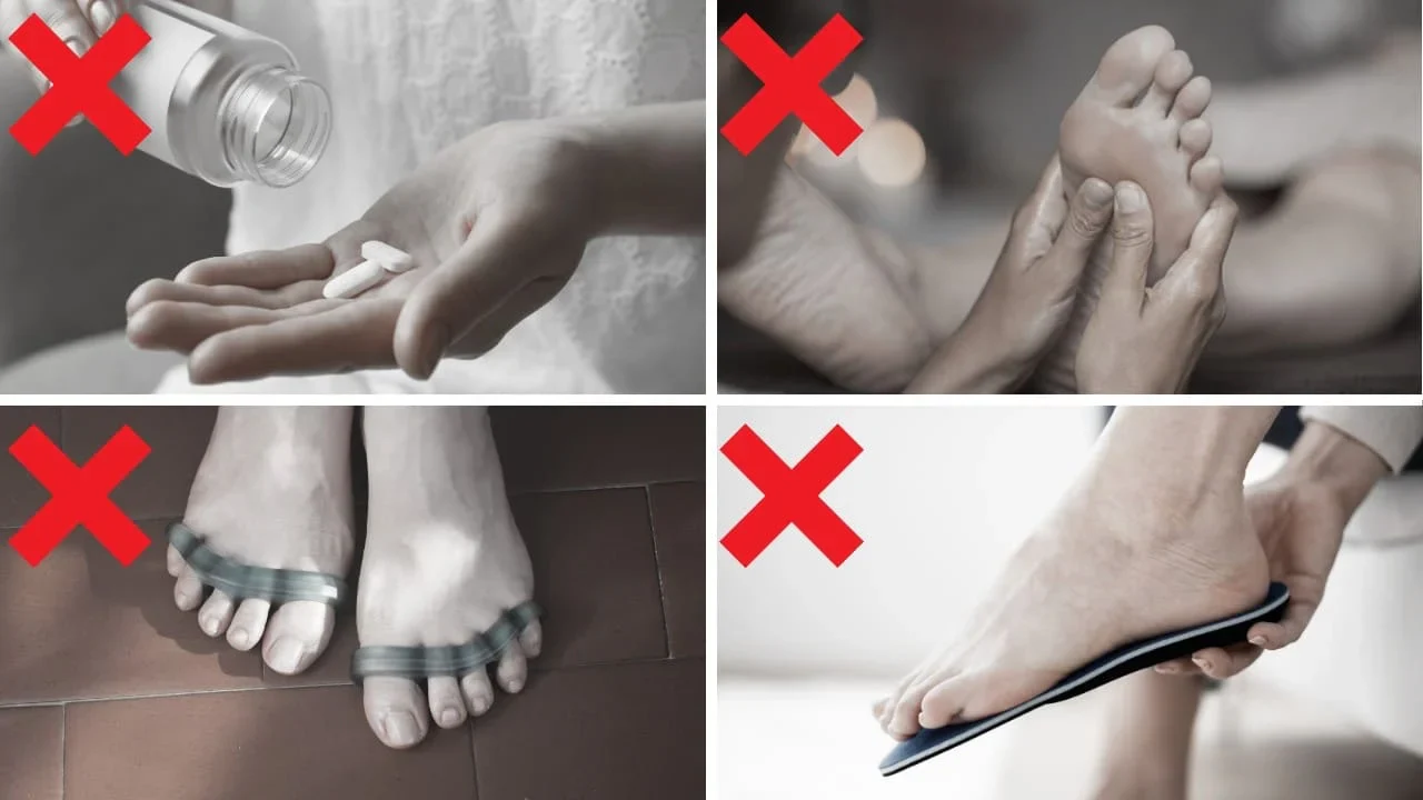 Four images with red 'X' marks, showing foot care practices.