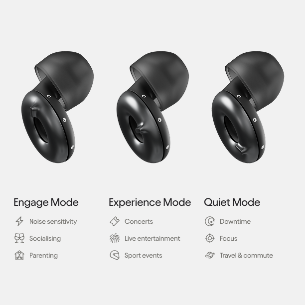 Three black earbuds with modes: Engage, Experience, and Quiet, for various sound environments.