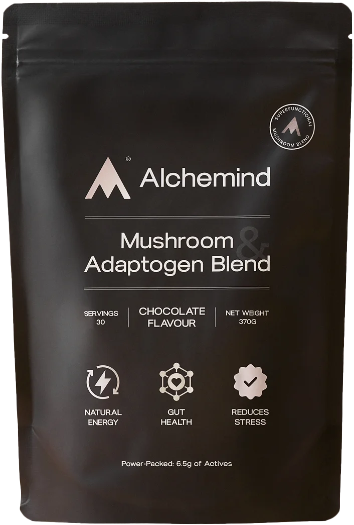Black package labeled 'Alchemind Mushroom & Adaptogen Blend' with chocolate flavor and health benefits icons.