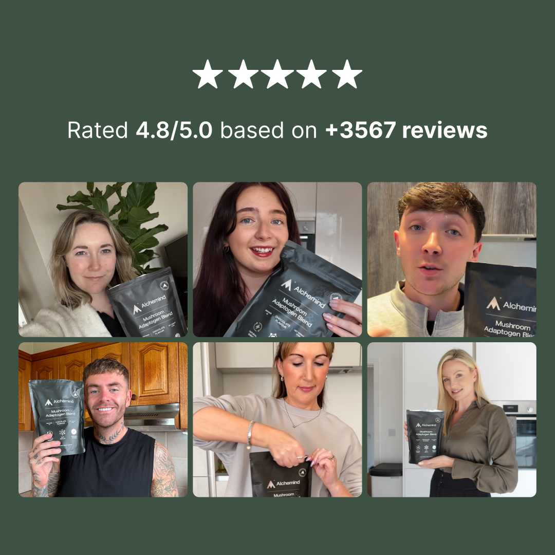 Collage of six people holding Alchemind Mushroom Adaptogen Blend packages.