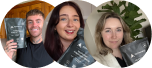 Three people holding black product packages, smiling at the camera.
