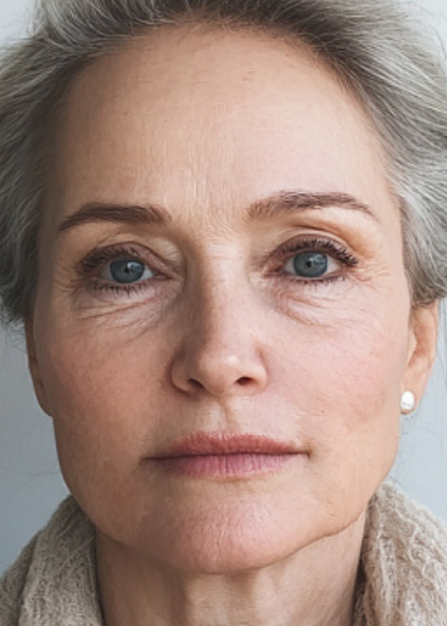 Close-up of a person with gray hair and neutral expression.