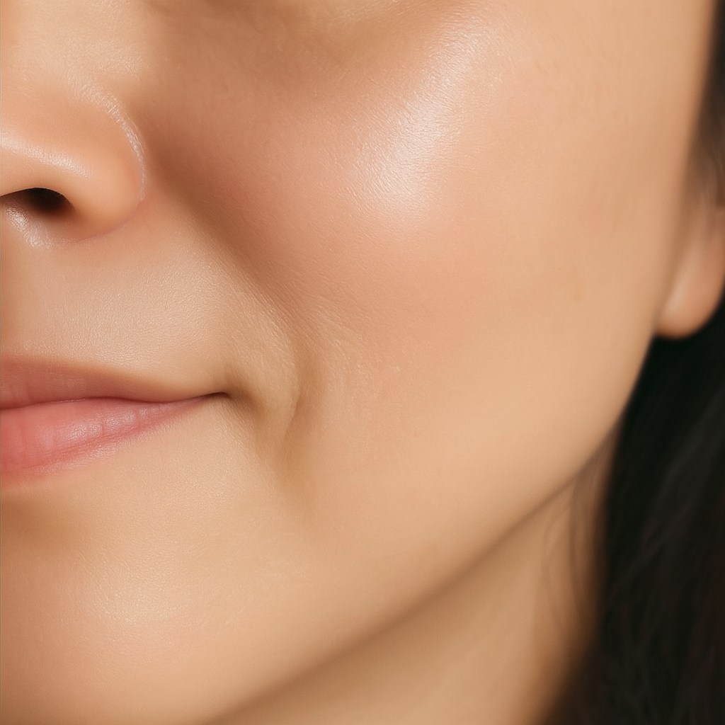 Close-up of a woman's cheek and lips with smooth skin.
