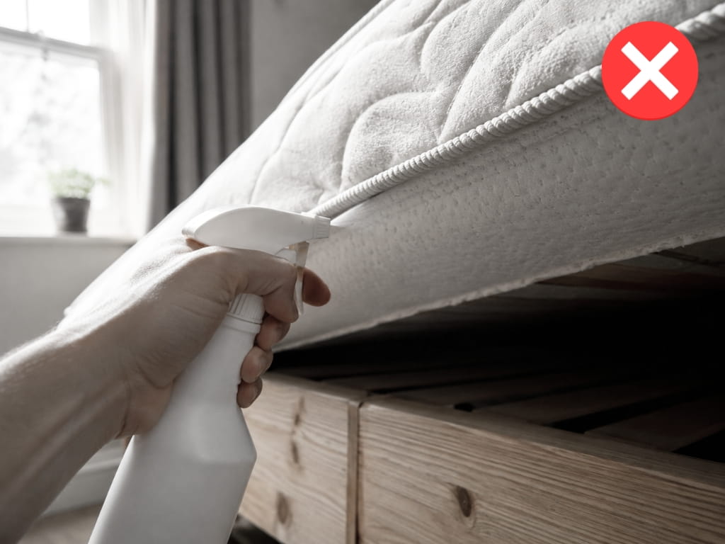 A hand sprays the underside of a mattress with a spray bottle, marked with a red X.