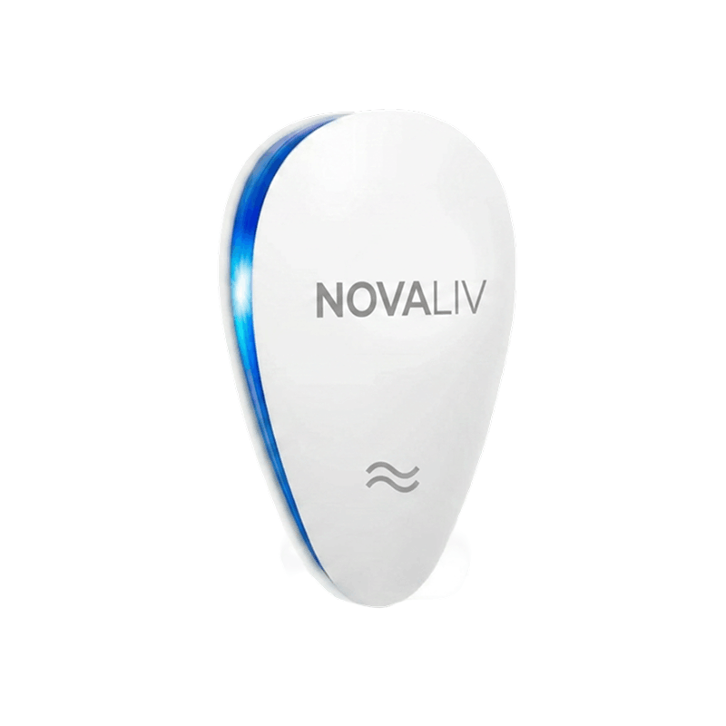 A white Novaliv electronic device with a glowing blue light strip, against a white background.