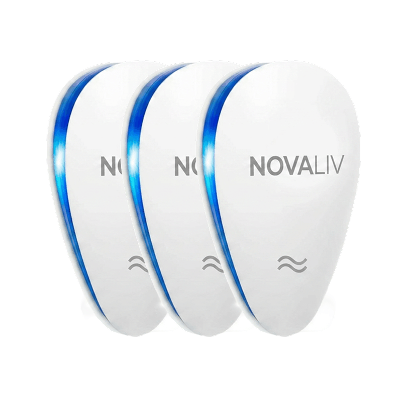 Three white oval-shaped electronic devices with a blue glowing strip, branded NOVALIV, on a white background.