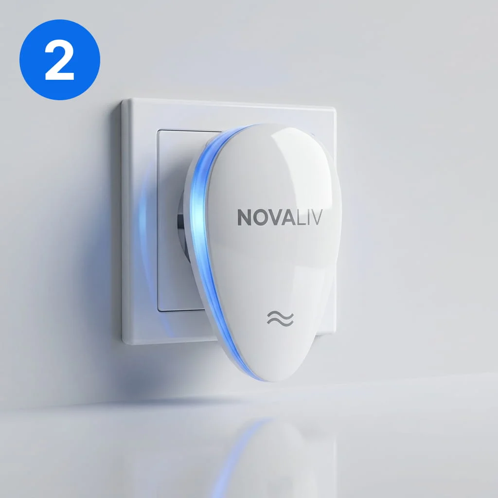 A white Novaliv electronic device with a blue light, plugged into a wall socket.