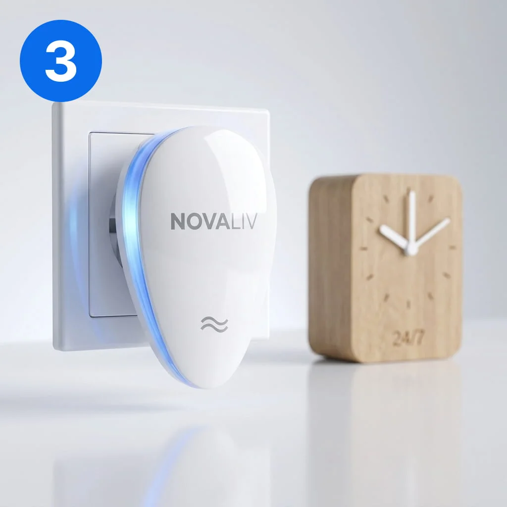 A white Novaliv plug-in device with a blue light in a socket next to a wooden clock.