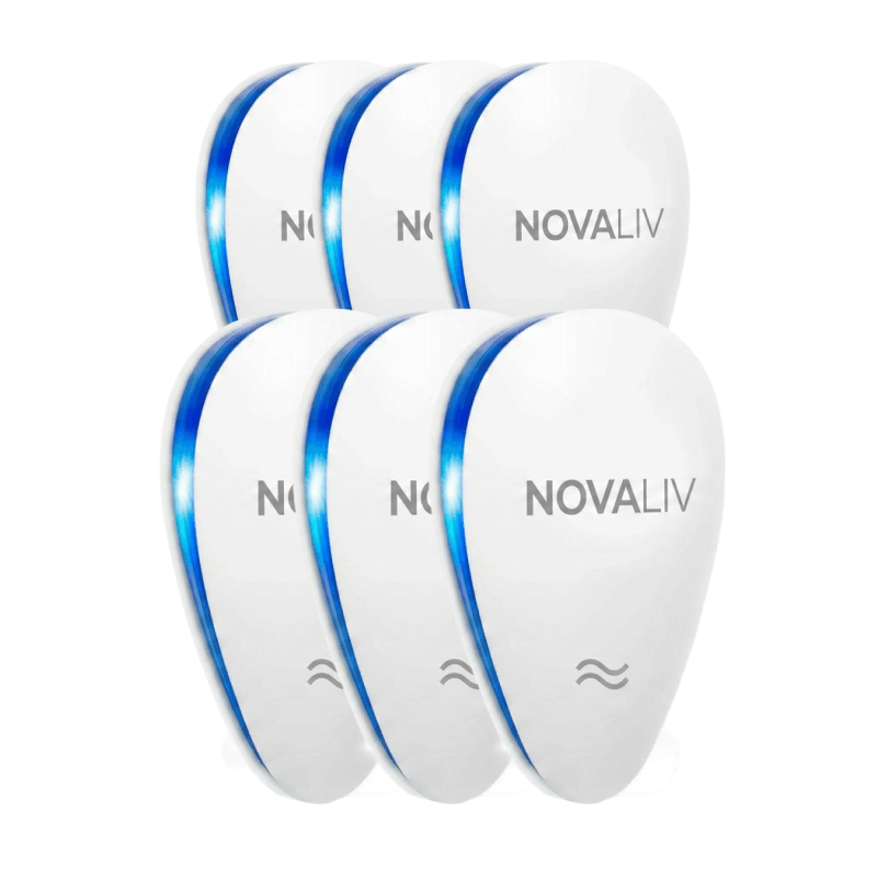 A six-pack of white, teardrop-shaped electronic devices branded Novaliv, with glowing blue accents.