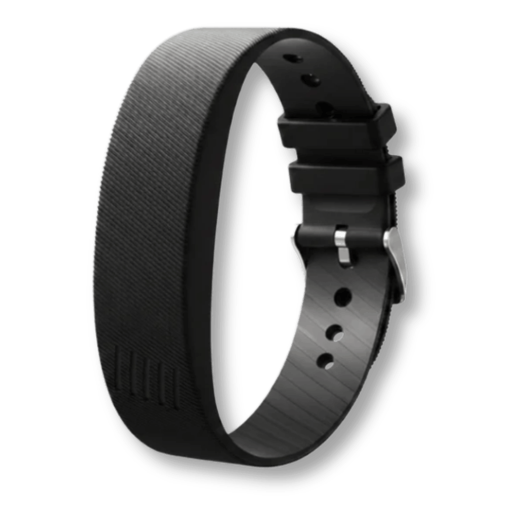 A black, textured wristband with a watch-style buckle clasp, shown against a solid green background.