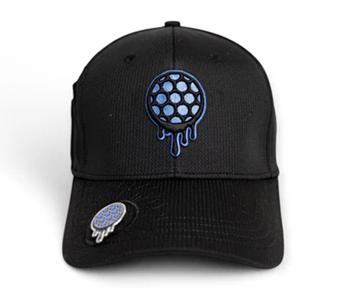 Black cap with blue dripping circle logo on front.