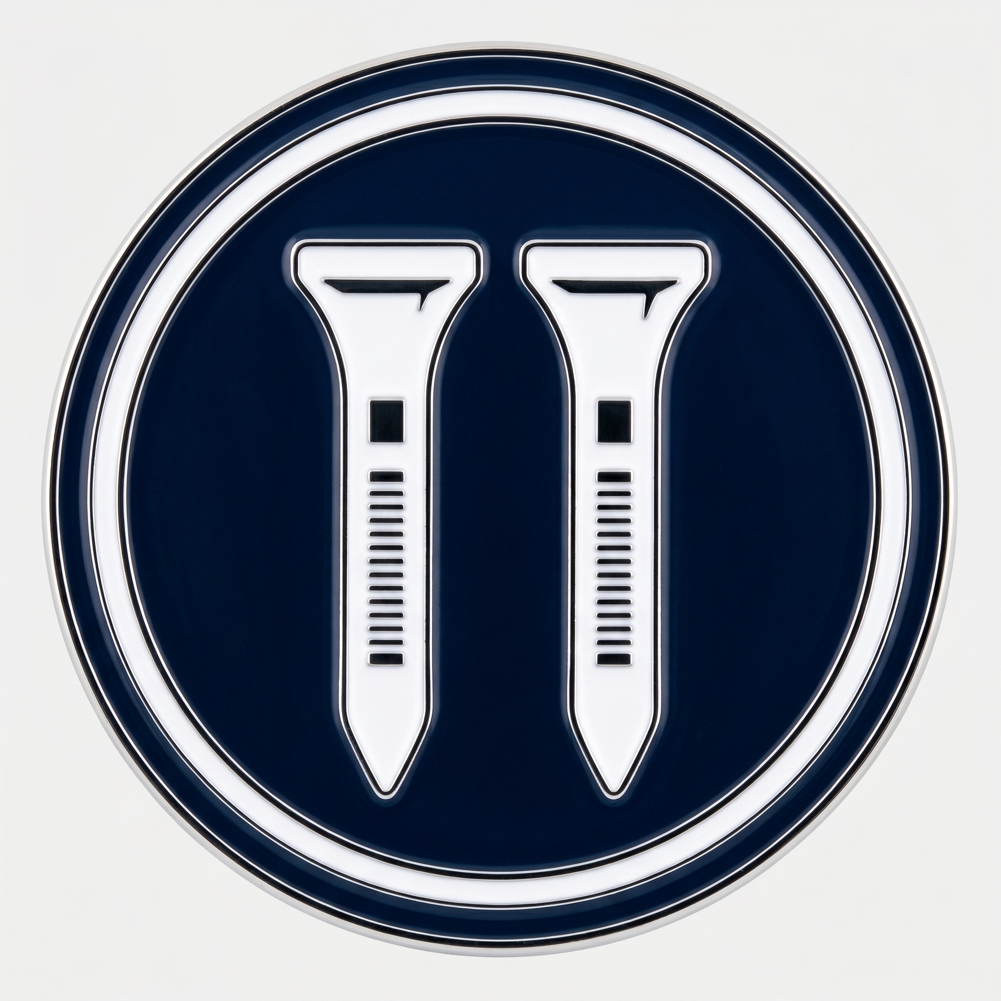 A round, blue and white emblem with two stylized white golf tees in the center.
