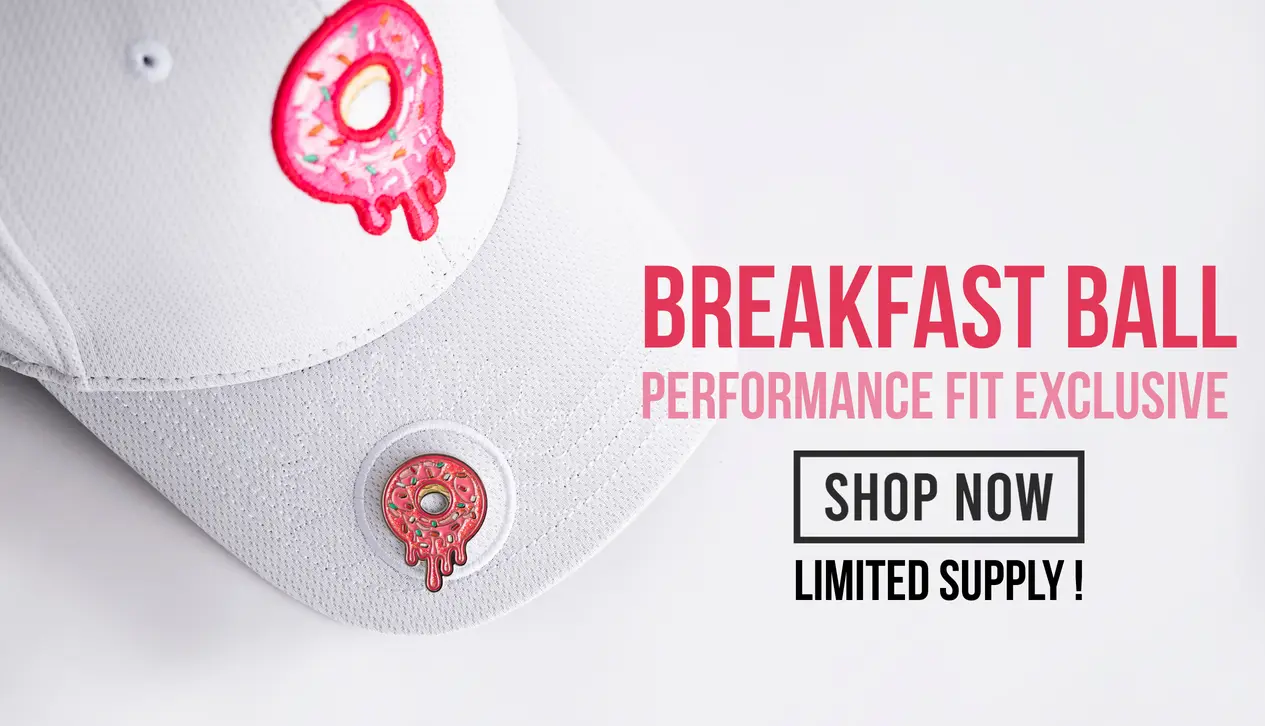 White cap with pink donut design and promotional text.
