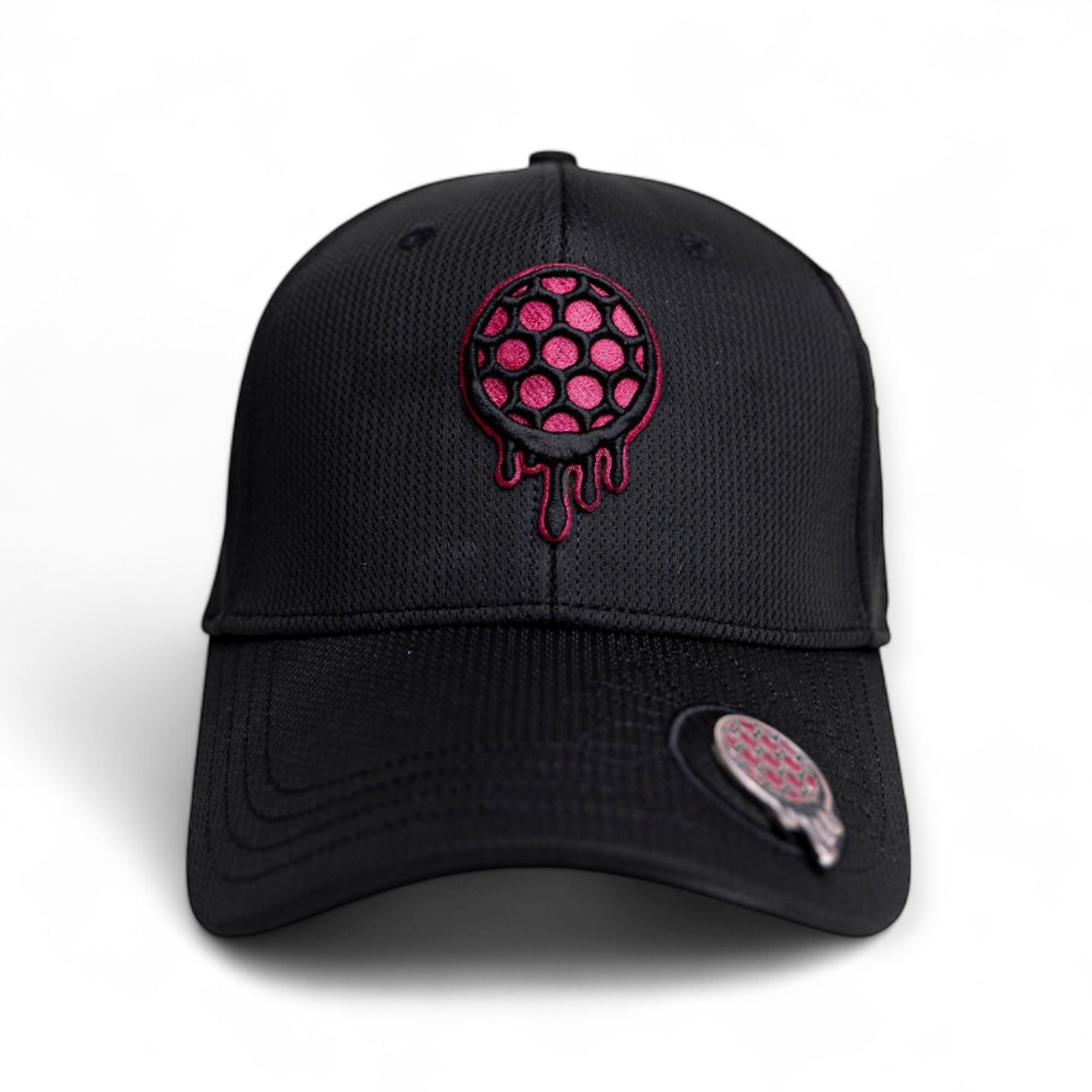 Black cap with pink and black embroidered dripping circle design.
