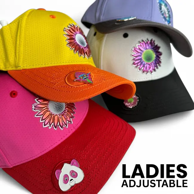 Colorful baseball caps with flower and animal designs, labeled 'Ladies Adjustable'.