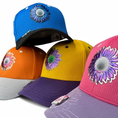 Four colorful caps with flower designs on the front.