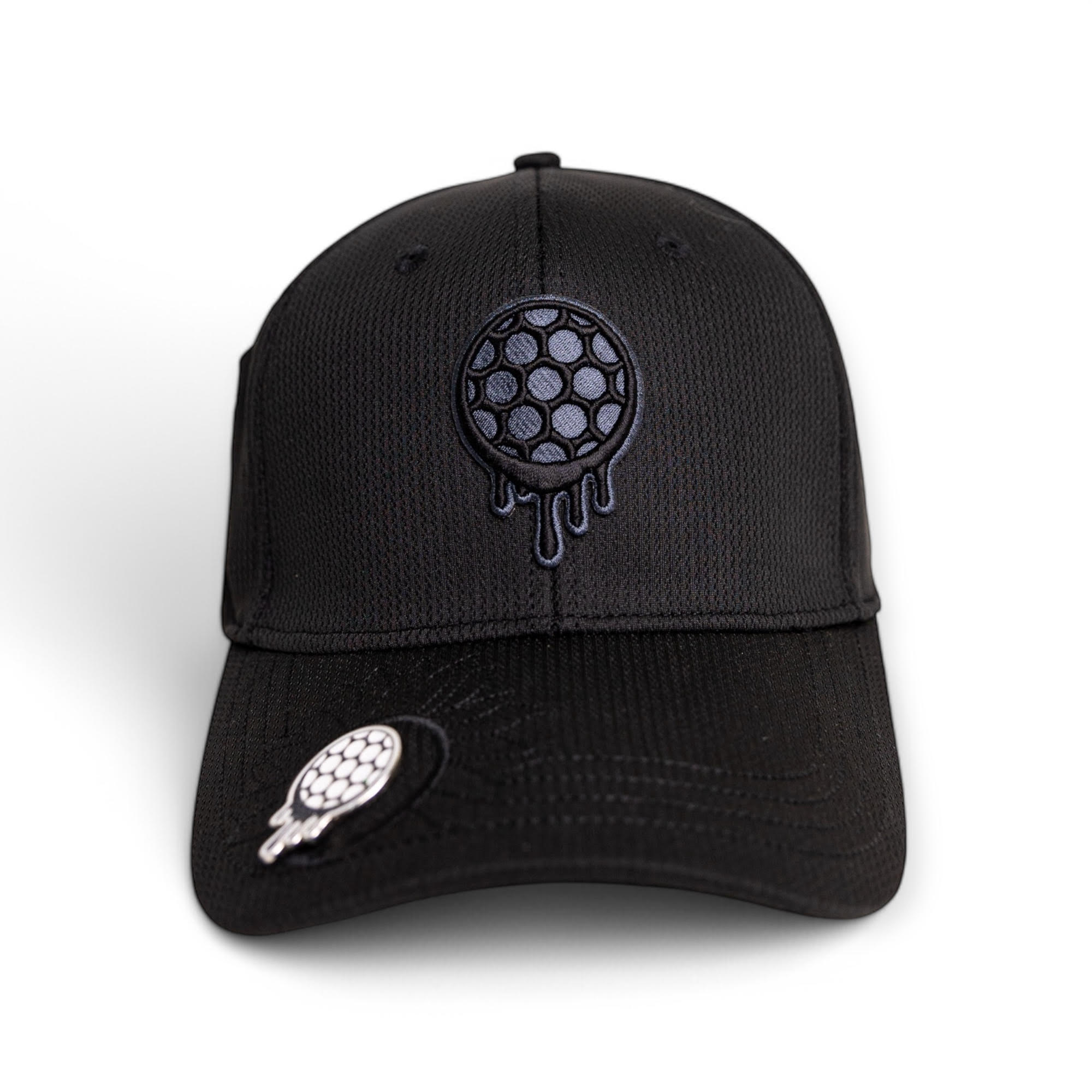 Black cap with a hexagonal dripping logo on the front.