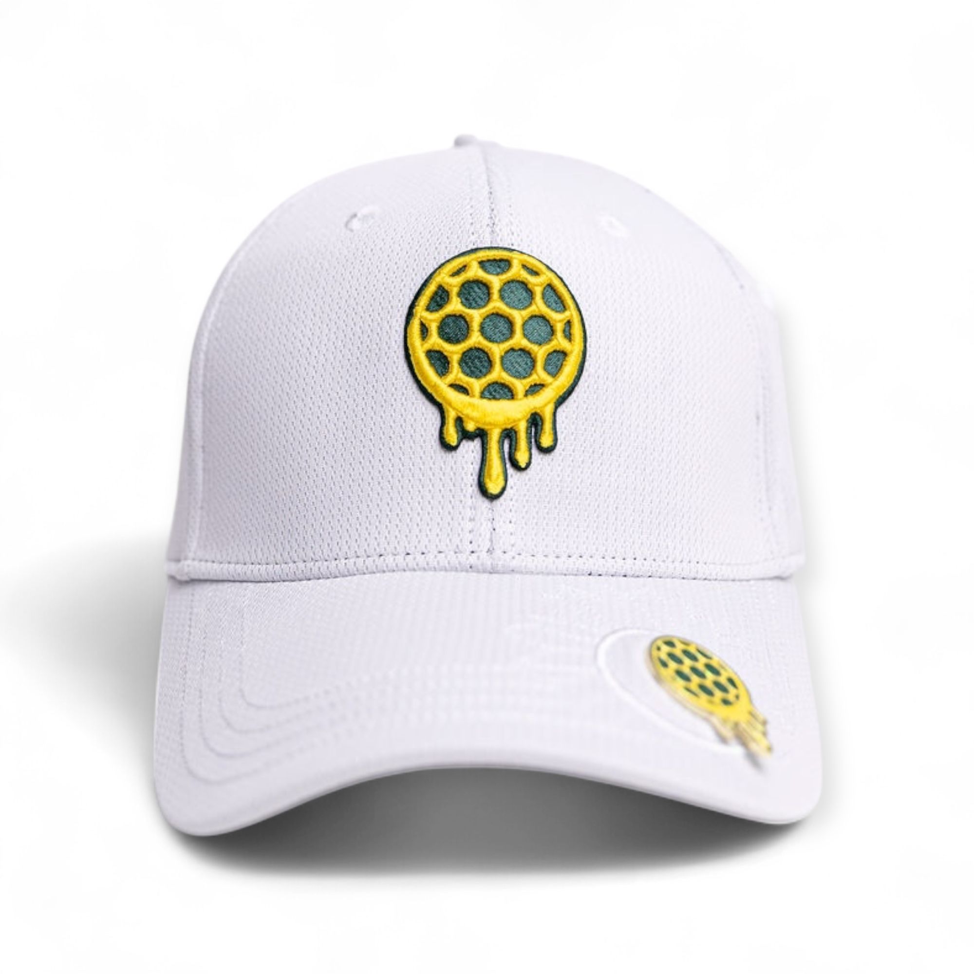 White cap with yellow honeycomb design and dripping effect.