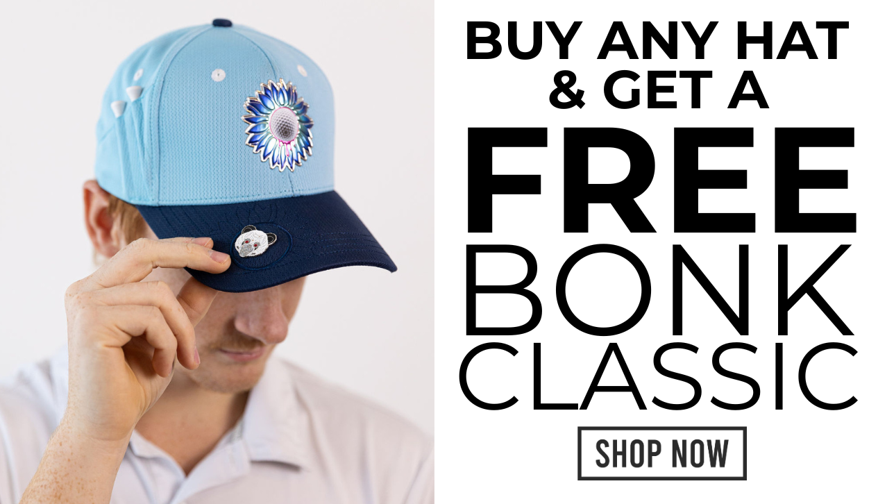 A man adjusts a blue baseball cap next to promotional text for a free item with purchase.