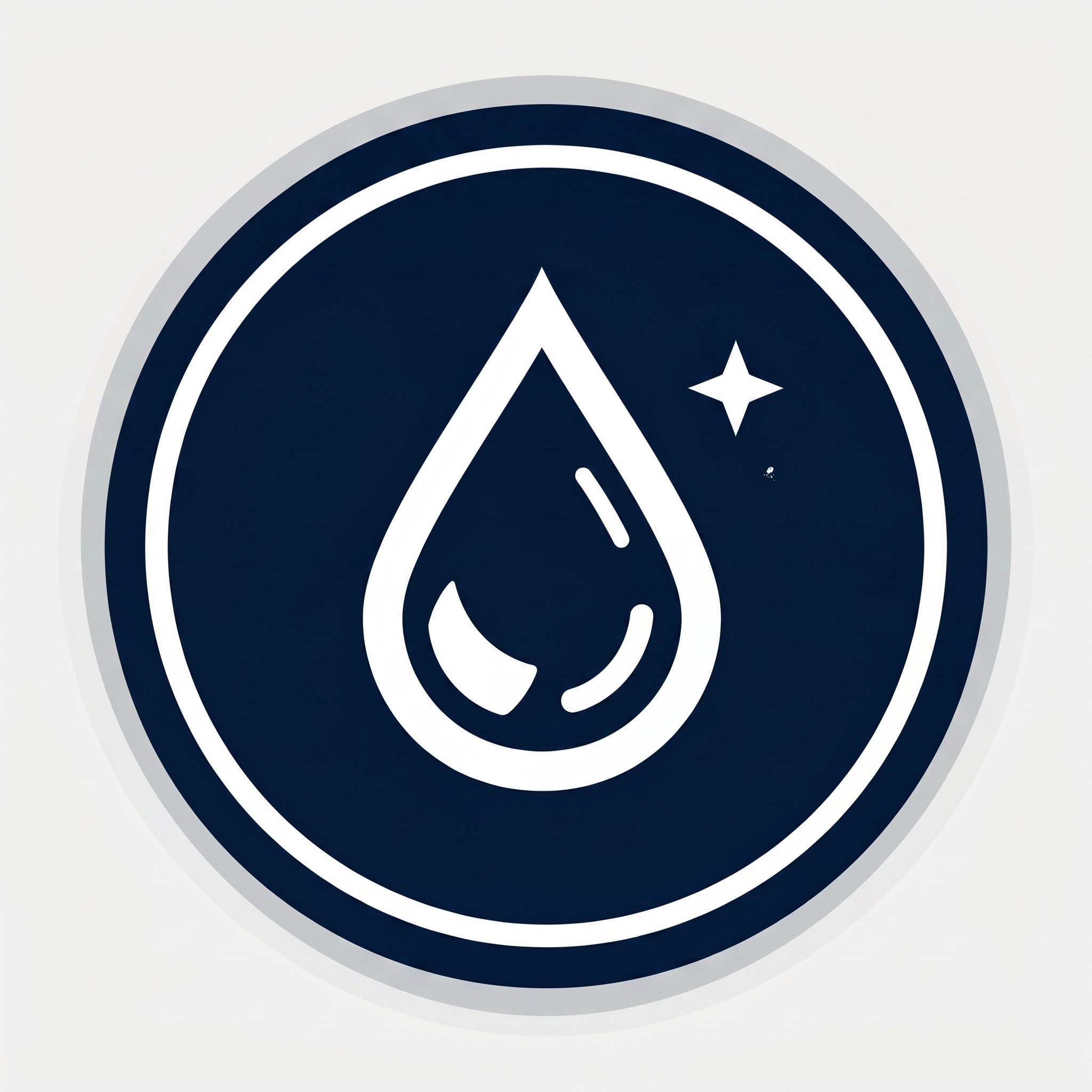 A circular navy blue icon with a white water droplet and a sparkle.