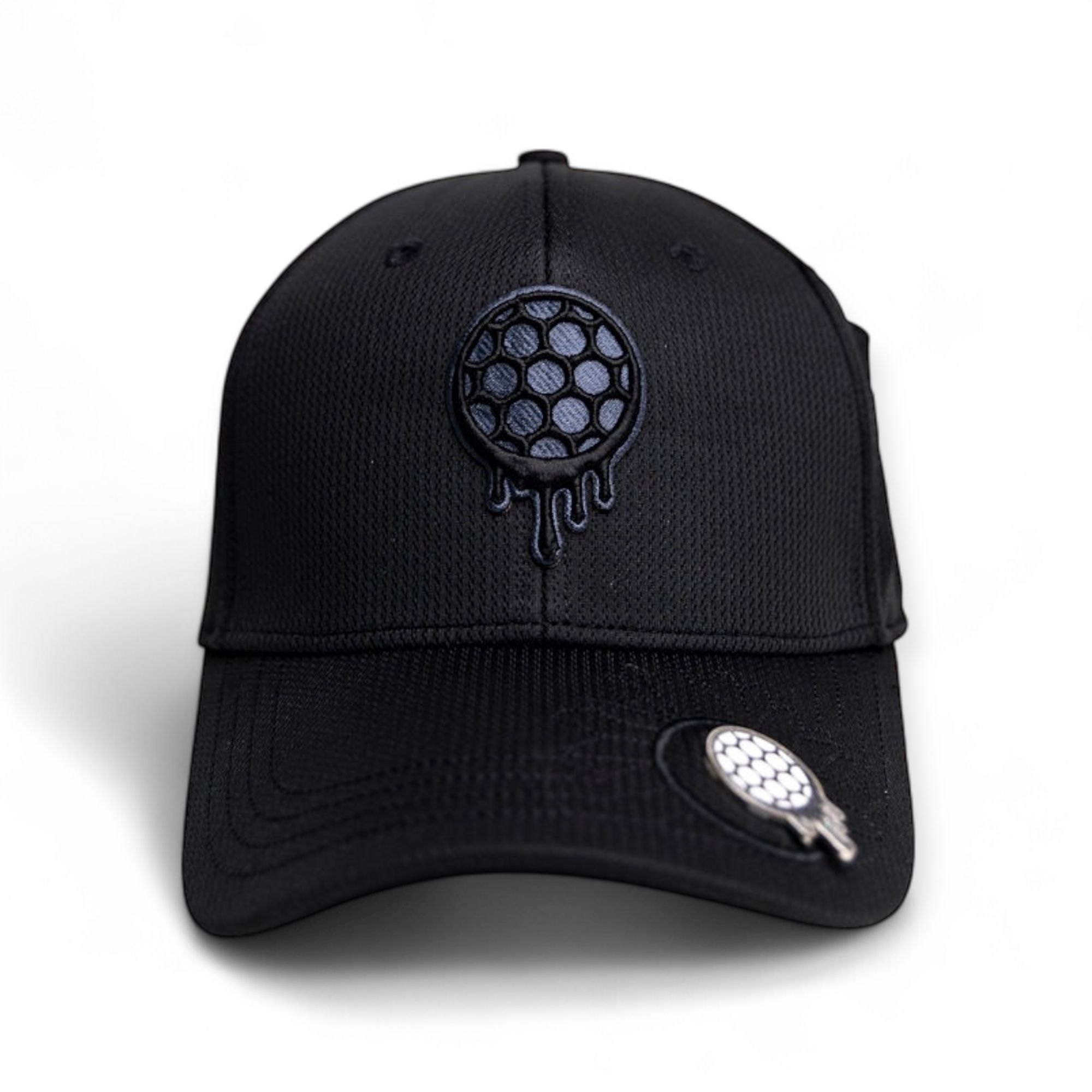 Black cap with a hexagonal pattern and dripping design on the front.