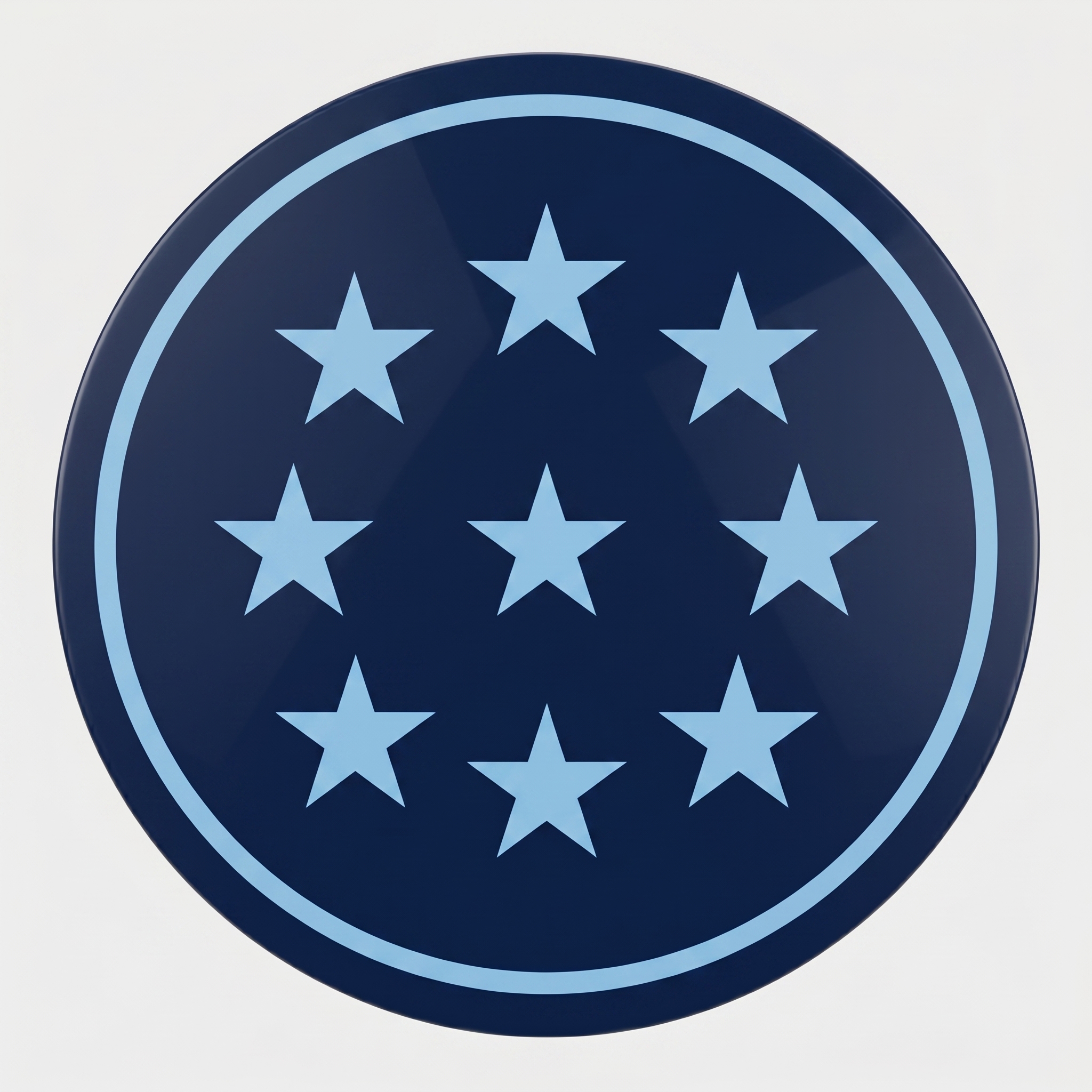 A dark blue circular emblem with a light blue border, containing seven light blue, five-pointed stars.