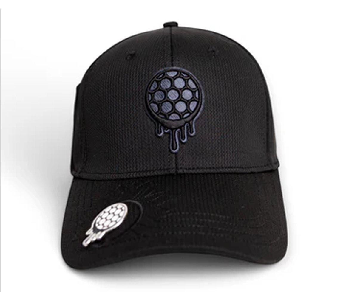 Black cap with a hexagonal pattern logo and pin on the front.